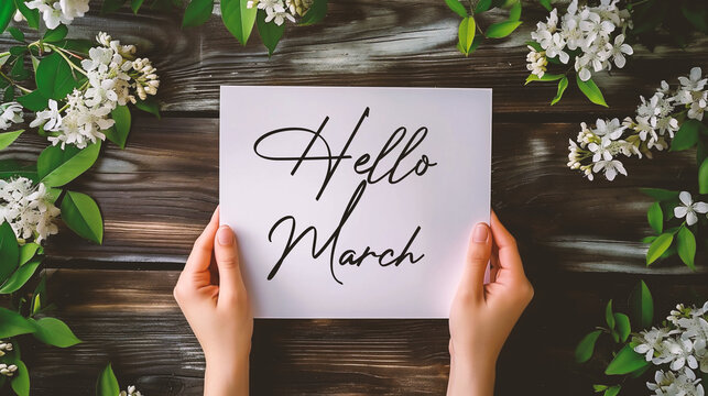 Hello March text on white card in female handsle background.
