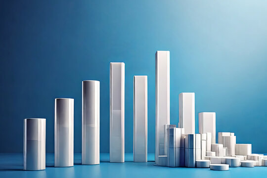 Elevate success visuals. White rising bar chart on blue backdrop signifies business growth, economic prosperity, and investment success. 3D illustration with copy space.
