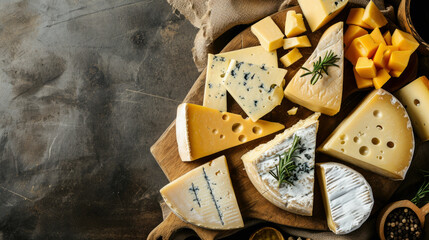 Top view flat lay of various kinds of cheese on the table with copy space. Dairy product variety food ingredient background.	 - obrazy, fototapety, plakaty