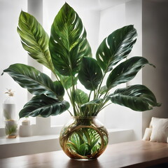 A vibrant, green, and tropical calathea leaf with intricate patterns and textures