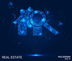 Hologram real estate search. Real estate consists of polygons, triangles of points and lines. Real estate low-poly compound structure. Technology concept vector.