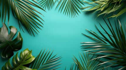 Fototapeta na wymiar Tropical palm leaves exotic jungle background. Summer Flowers with empty space for text.