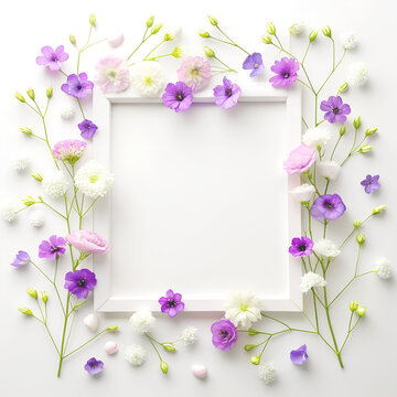 Beautiful decorated purple pink soft flowers on white background with blank photo frame. Sweet mockup blossom bouquet in spring by Generative AI