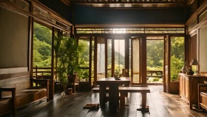 green garden view from a traditional tea house temple interior