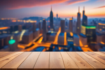 Wood table top on blur cityscape background - Product showing
