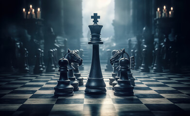 Set of chess pieces element stating on chessboard, queen rook. Cinematic lighting. Leadership, teamwork, partnership, business strategy, and decision concept. Generative Ai. - obrazy, fototapety, plakaty