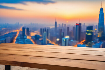 Wood table top on blur cityscape background - Product showing
