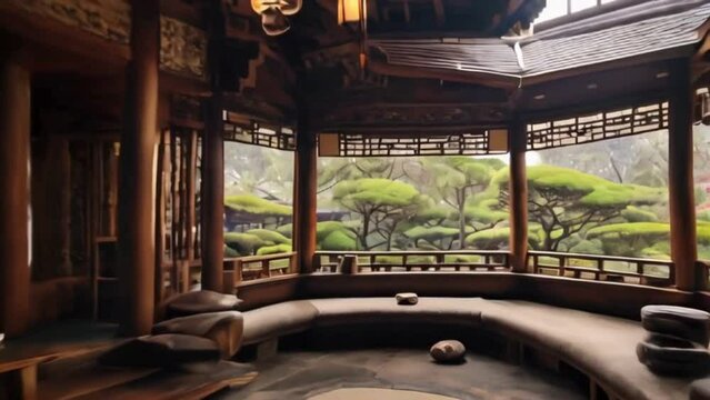 green garden view from a traditional tea house temple interior