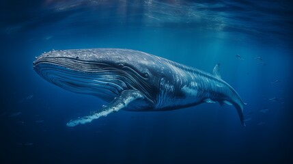 Fototapeta premium Close-up of a majestic blue whale in the deep ocean, showing its eye and baleen plates