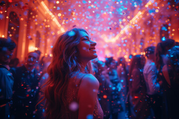Joyful young woman smiling amidst a vibrant night party scene with confetti and balloons.