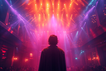 Rear view Joyful young man smiling amidst a vibrant night party scene with confetti and balloons.