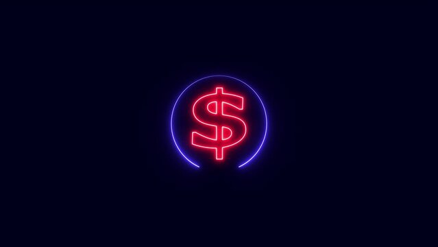 dollar sign, dollar icon animation. glowing neon dollar sing animation, neon dollar symbol blinks and appear in center 