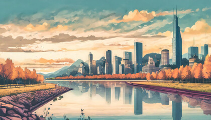 City skyline at the river side flat art 