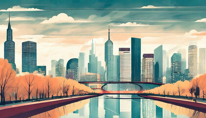 City skyline at the river side flat art illustration