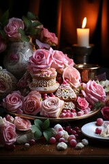 Delicious cookies on a plate with pink roses and candles in the background