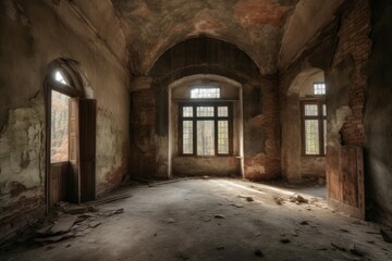 Fototapeta na wymiar Abandoned ancient building interior hall. Stone ruin history construction inside. Generate Ai