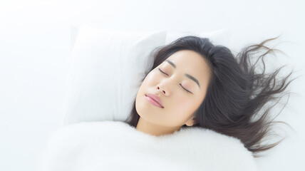 Fototapeta premium Shot view of attractive asian young woman sleeping well in bed hugging soft white pillow. Lady enjoys fresh soft bedding linen and mattress in bedroom. 