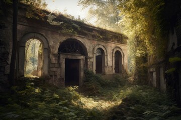Obraz premium Abandoned ancient building in green forest. Castle empty ruin dark travel hall. Generate Ai