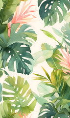 Watercolor painting, monstera and flowers, Generative AI