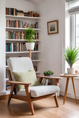 Fototapeta premium modern living room with cozy one armchair, small table, and book shelve with books arranged in room. A Small plant pot. White walls. Full relaxing place.