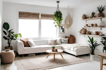Modern boho interior of Homeliness small beloved Living place. walls is white color. natural light.