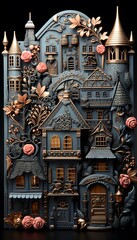 Fototapeta na wymiar 3D illustration of fantasy medieval town with houses, doors and windows.