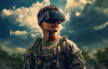 Soldier controlling fpv quadcopter drone, wearing a VR headset, modern future virtual reality warfare - obrazy, fototapety, plakaty