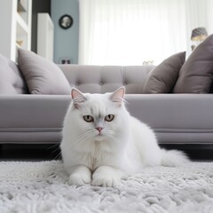 Beautiful white cat lying on the carpet in the living room.