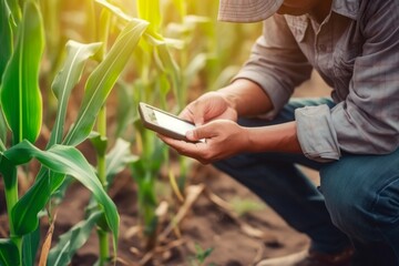 Agriculturist growth corn land smartphone control. Agronomy grow graph cultivate work leaf. Generate Ai