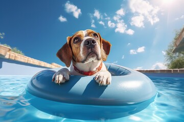 beagle dog swims on an inflatable ring in the pool - obrazy, fototapety, plakaty