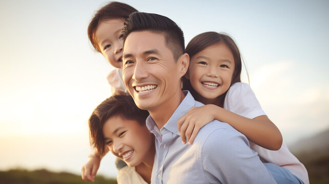 Young asian father giving young children piggyback rides smiling.