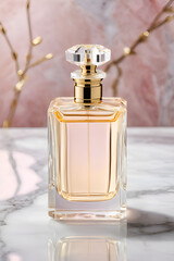 A delicately crafted perfume bottle and cream cup, slender with golden accents, on a marble countertop against a soft pastel background, capturing the bottle's intricate design, elegance