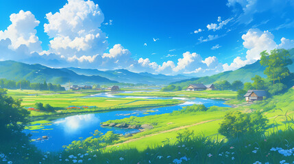 Obraz na płótnie Canvas 綺麗な青空と田舎のイラスト