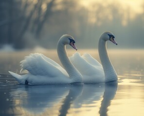 two_swans_are_swimming_on_the_water
