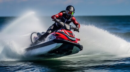 A jet ski rider enjoying the thrill of a big wave in the ocean