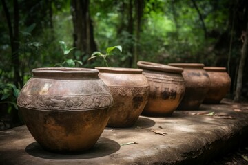 Fototapeta premium Ancient ceramic pots. Pottery clay ancient decorative jug object. Generate Ai