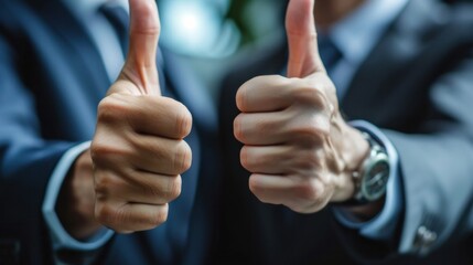 Hands showing thumbs up with business men endorsing, giving approval or saying thank you as a team in the office. Closeup of corporate professionals hand gesturing in the positive or affirmative    