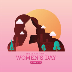 International women's day - A large woman female turn sideways shape and curved hair with city buildings on soft pink background vector design