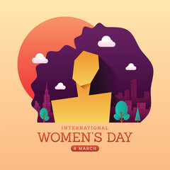 International women's day - A large woman female shape and curved hair with city buildings on soft orange background vector design