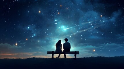Romantic couple enjoying stargazing on a park bench at night - obrazy, fototapety, plakaty