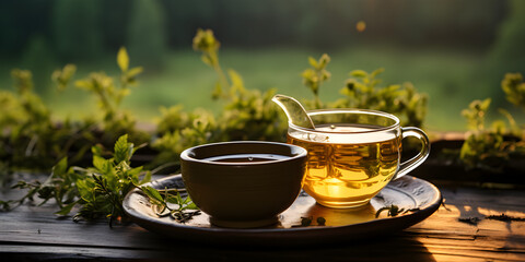 Obraz na płótnie Canvas Teapot and cup of tea in garden