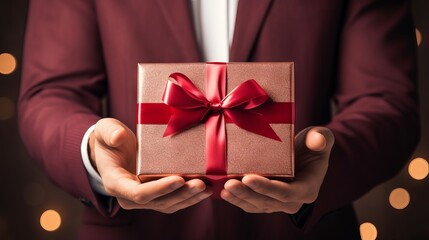 Happy man with a gift box in his hands. Concept of giving and receiving presents on special occasions like birthday, anniversary, or Valentine’s day.