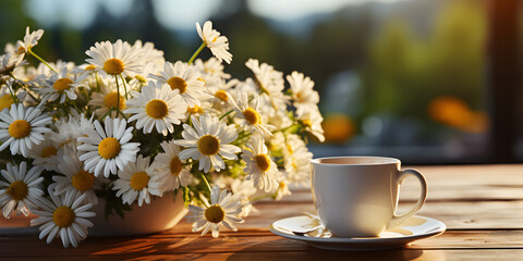 Naklejka na ściany i meble Ceramic cup with flowers in garden