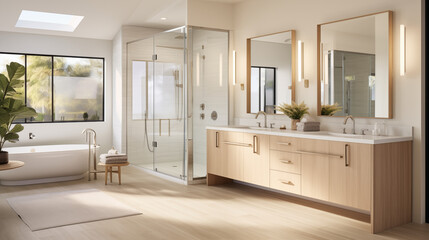 Fototapeta na wymiar modern bathroom with bathtub under the window, shower cabin and modern fittings and furniture