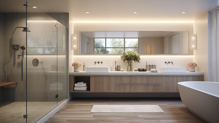 modern bathroom with a glass shower, with two sinks  and mirrors above them.