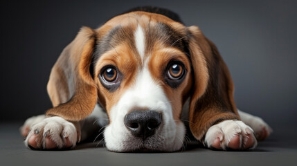 A studio portrait of a cute baby beagle puppy. He has huge, plaintive eyes and is posing against a grey background.