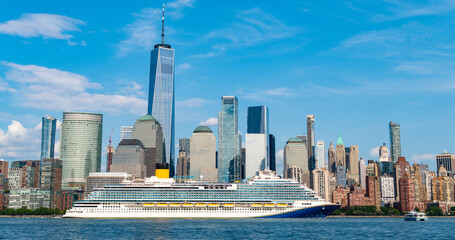 Cruise ship York. Skyline of New York Manhattan cruising on the Hudson River cruise liner. New york...