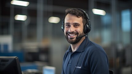 Friendly and professional customer service representative answering a phone call in a modern office