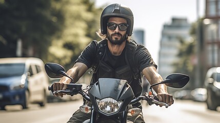 Motorcyclist in helmet speeding on highway with scenic landscape in background