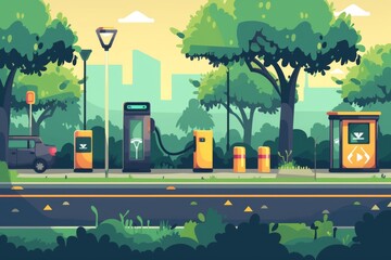 A clean, flat design illustration of a public park with eco-friendly features like electric vehicle charging stations and recycling bins